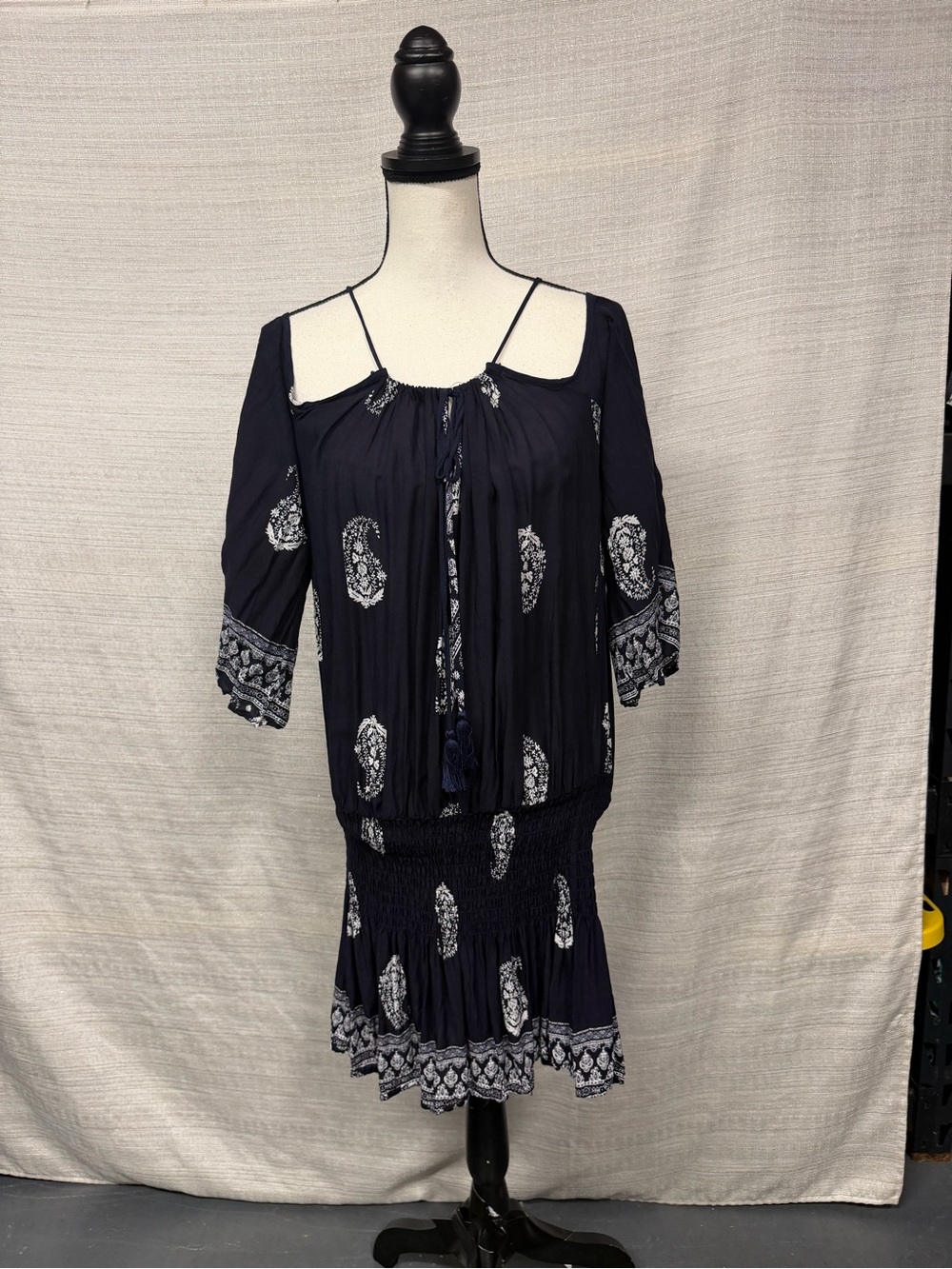 ✨ Sure Navy Boho Cold Shoulder Paisley Mini Dress | Tassel Tie | Size Small